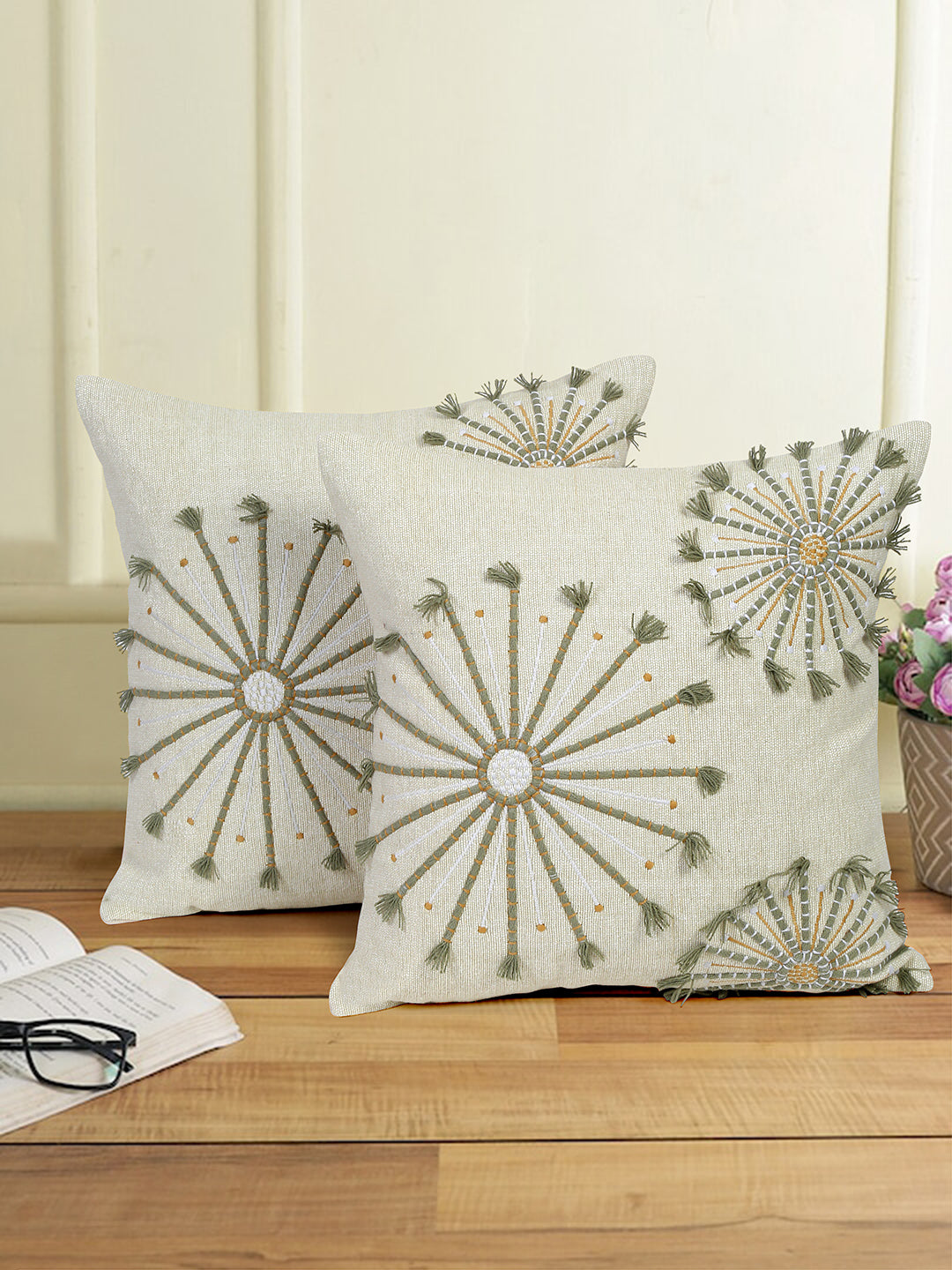 Eyda Embroidered Cotton Cushion Covers Set of 2-18x18 inch