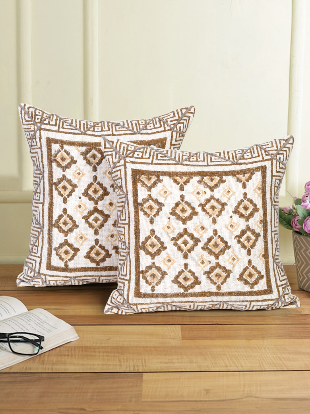 Eyda Hand Block Printed Cotton Sofa Cushion Covers Set of 2 18x18 inch
