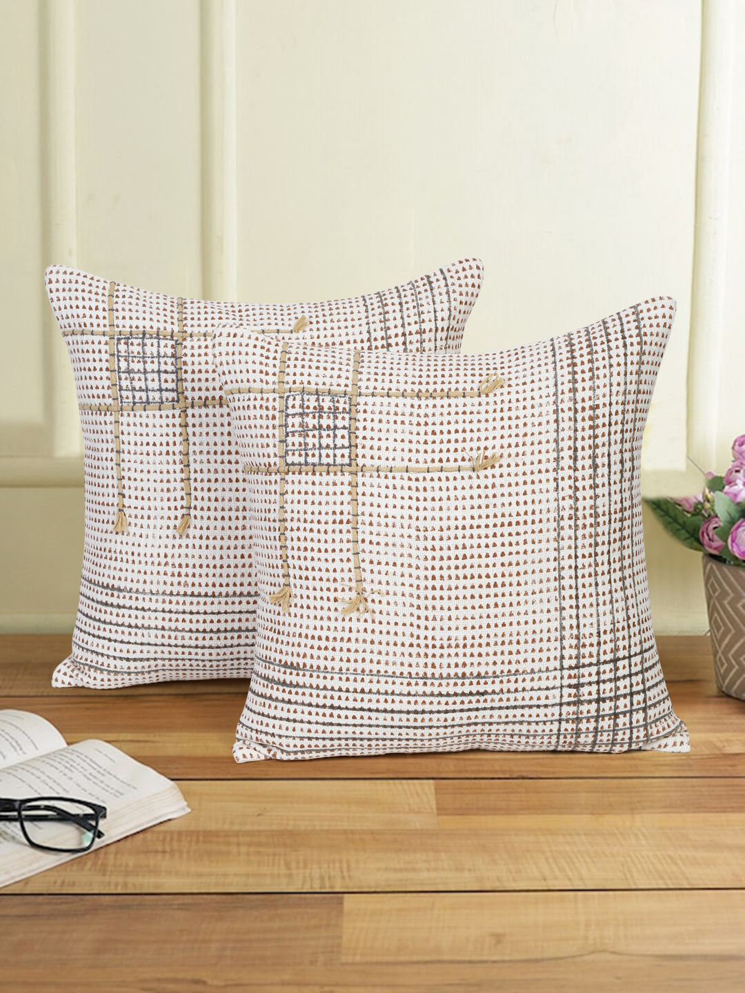 Eyda Hand Block Printed Cotton Sofa Cushion Covers Set of 2 18x18 inch
