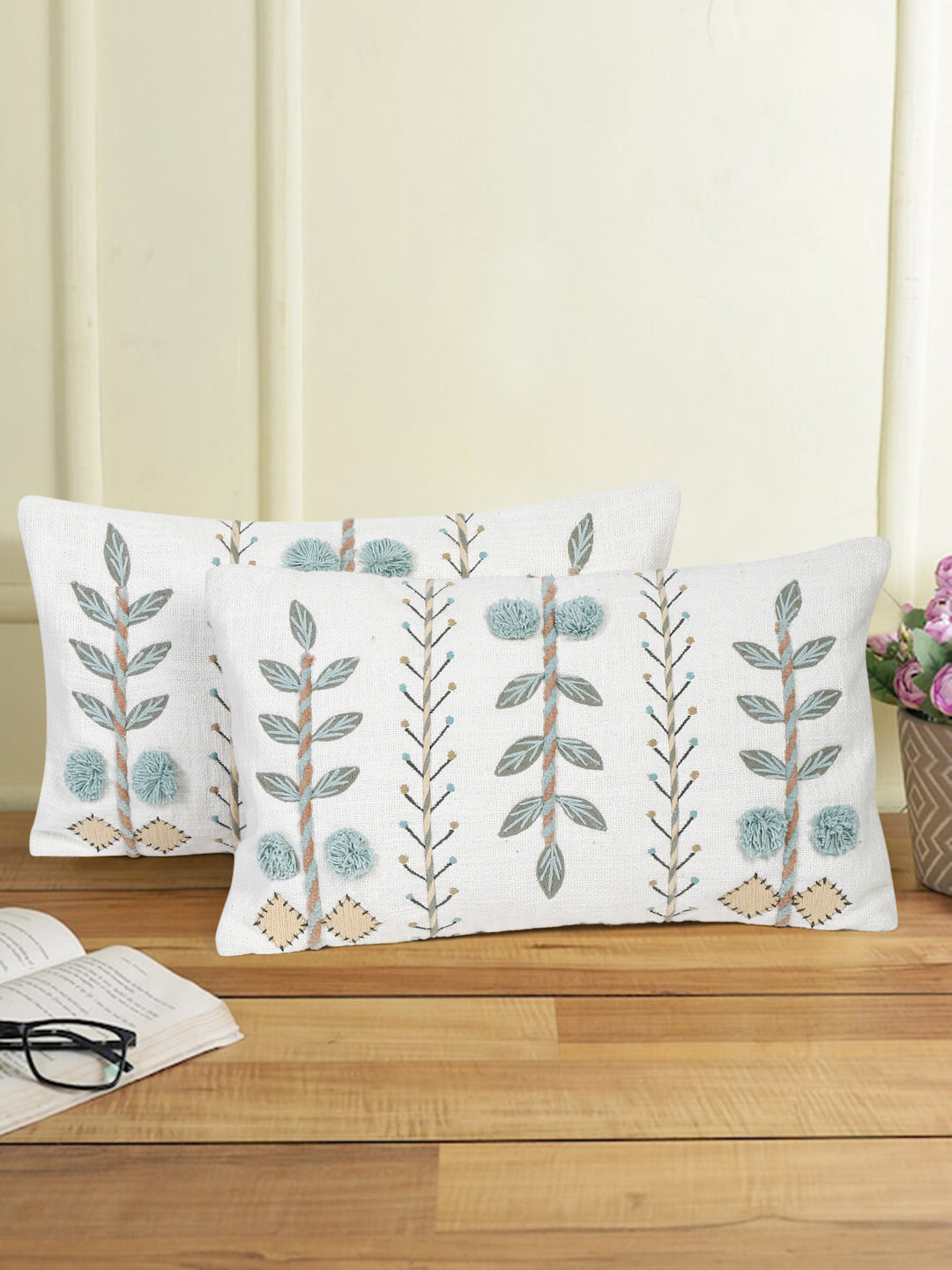 Eyda Embroidered Cotton Cushion Covers Set of 2-12x20 inch