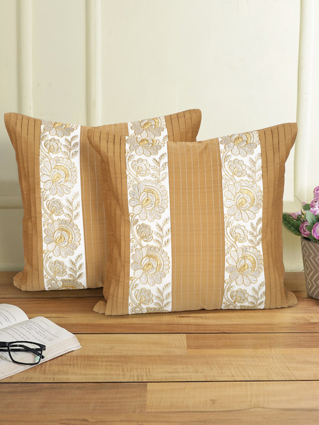 Eyda Beige and White Color Embroidered Cushion Cover Set of 2-16x16 inch