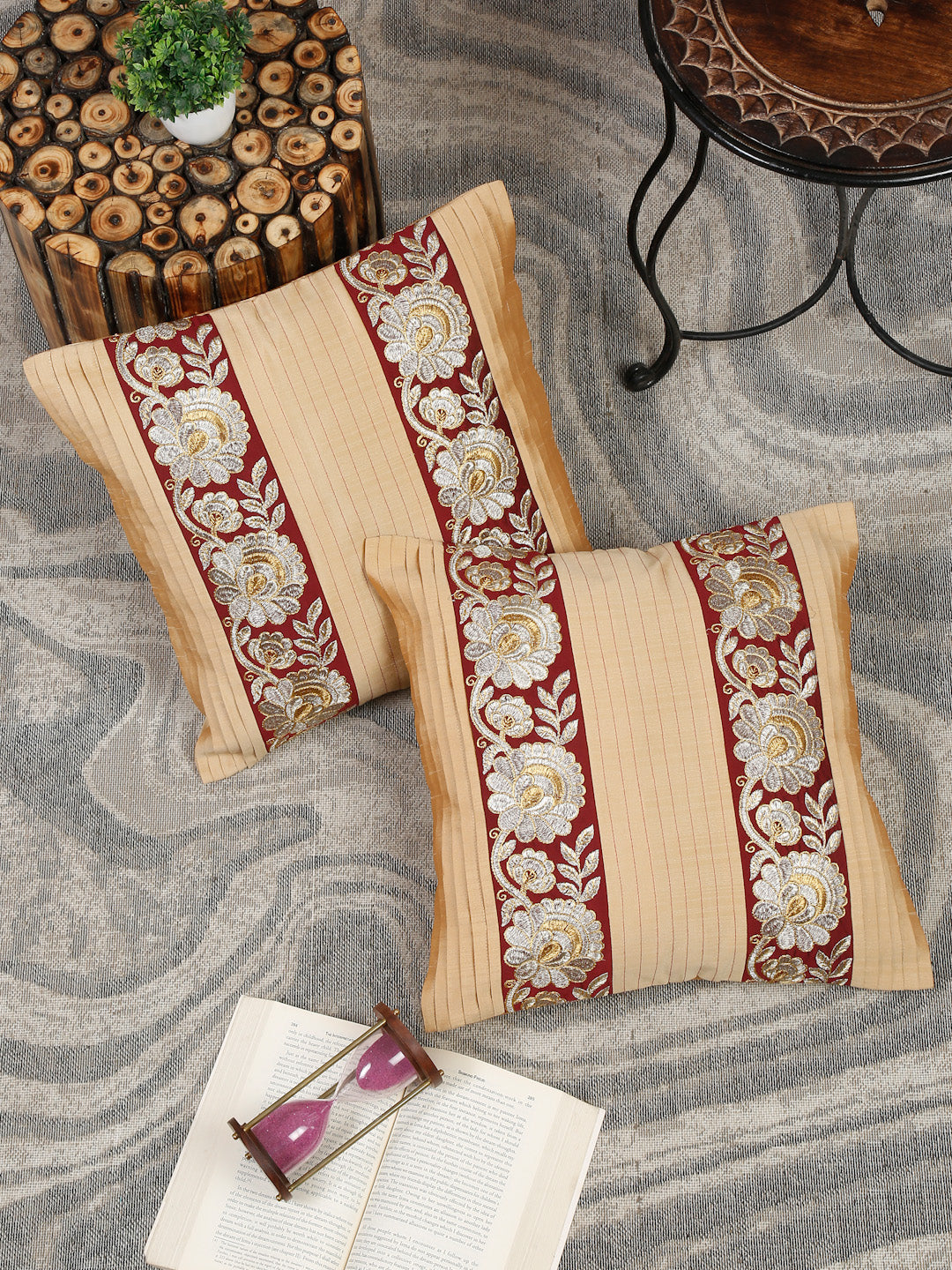 Eyda Beige and Red Color Embroidered Cushion Cover Set of 2-16x16 inch