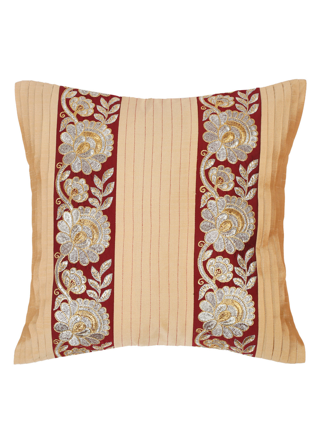Eyda Beige and Red Color Embroidered Cushion Cover Set of 2-16x16 inch