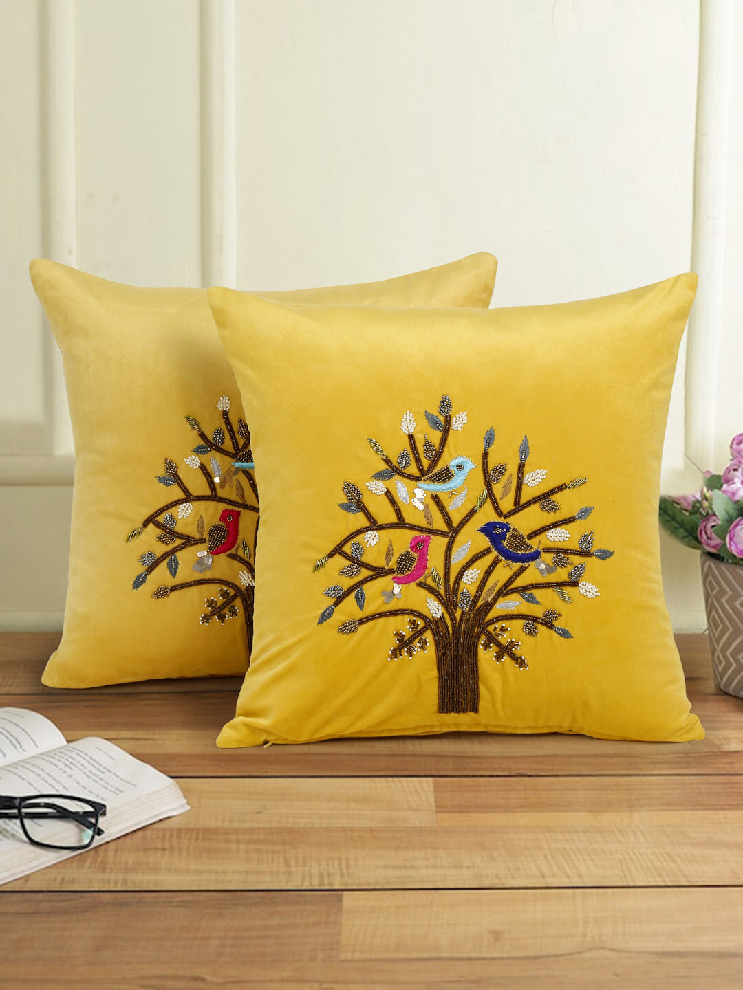 Eyda Yellow Velvet Embroidered Cushion Cover Set of 2