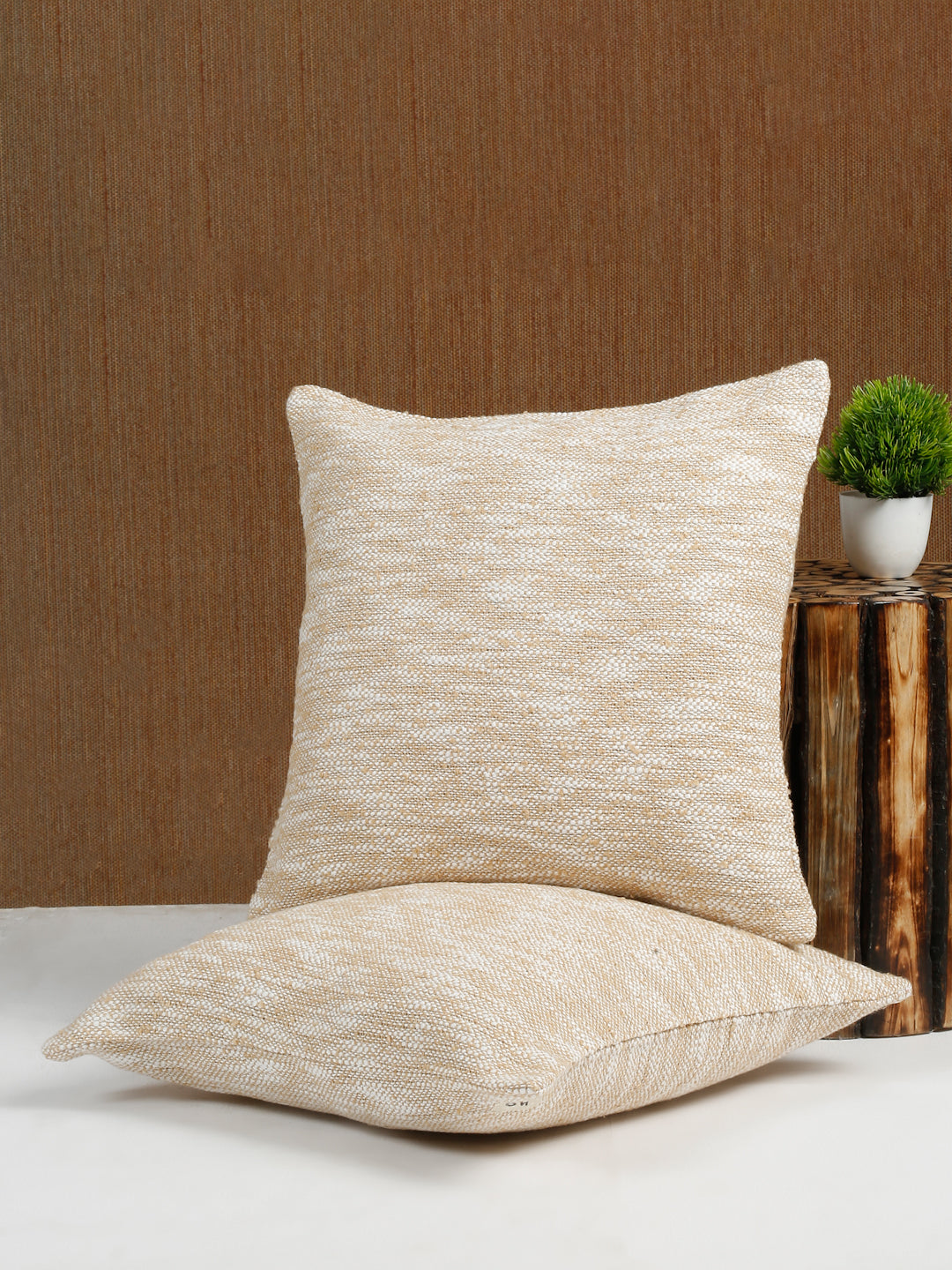 Eyda Beige Cotton Solid Cushion Cover Set of 2