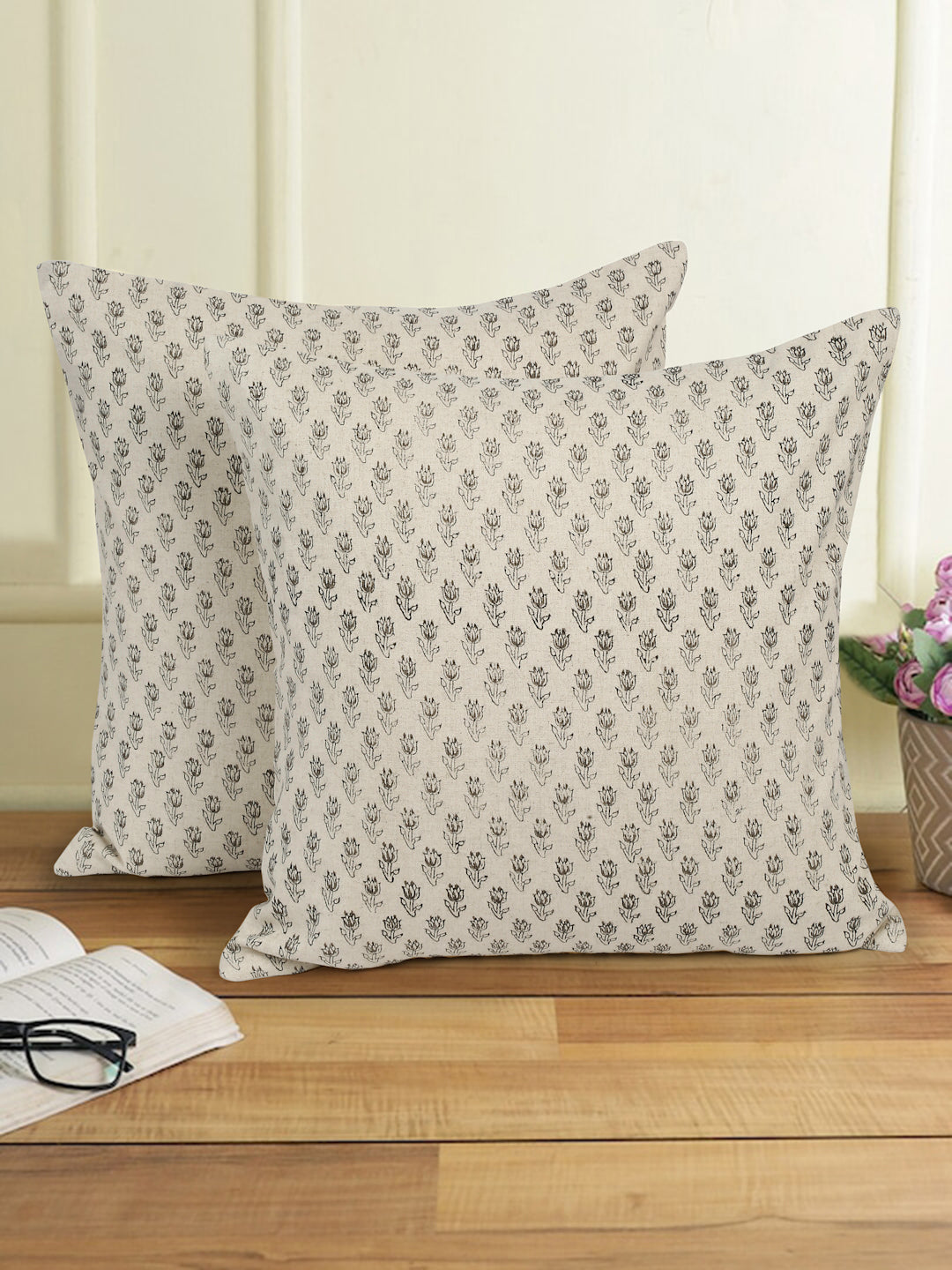 Eyda Gray Cotton Hand Block Cushion Cover Set of 2