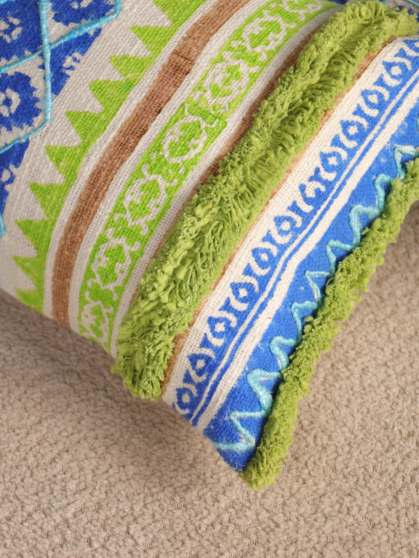 Blue & Green Boho Hand Block Printed & Embroidered Cushion Cover