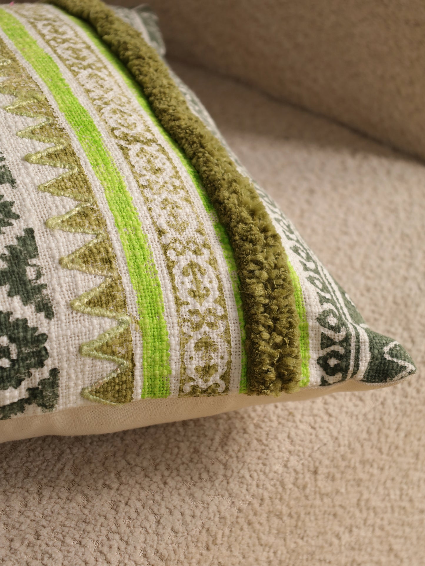 Green Boho Hand Block Printed & Embroidered Cushion Cover