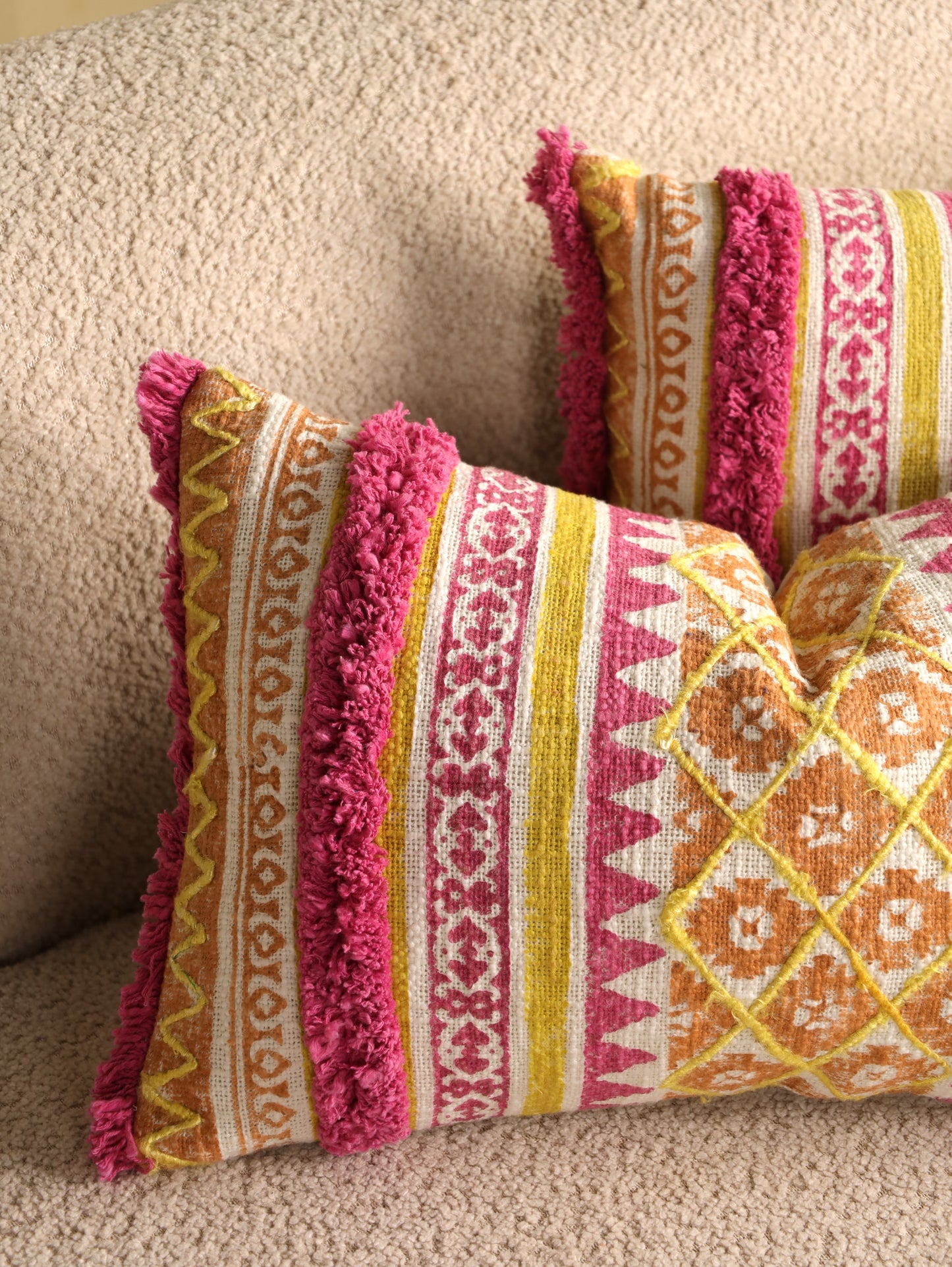 Pink & Yellow Boho Hand Block Printed & Embroidered Cushion Cover