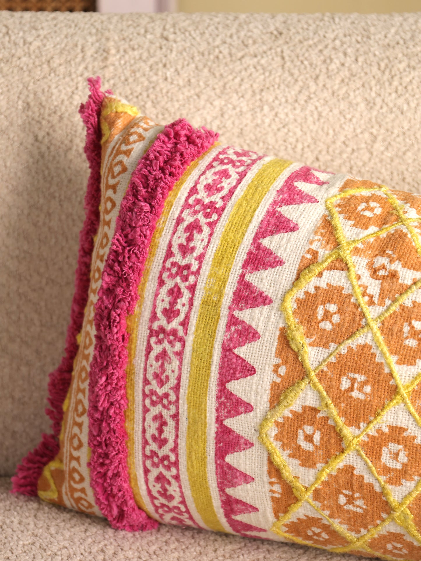 Pink & Yellow Boho Hand Block Printed & Embroidered Cushion Cover
