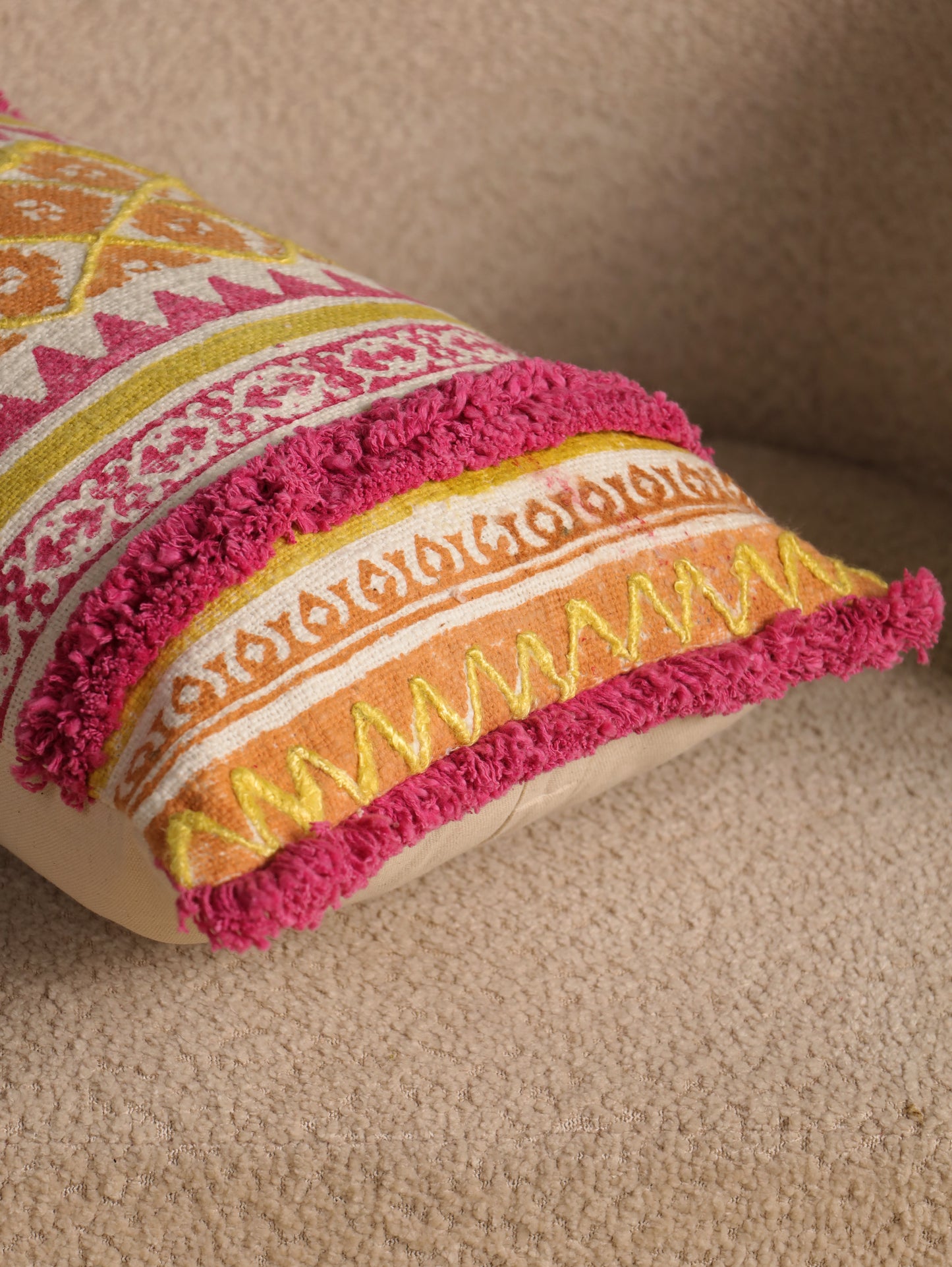Pink & Yellow Boho Hand Block Printed & Embroidered Cushion Cover