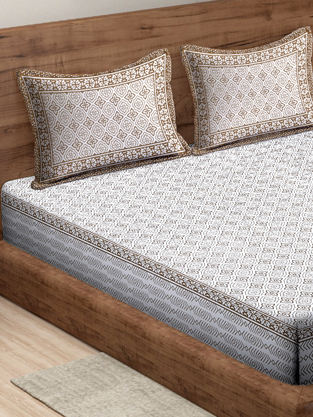 Rajasthan Decor White and Gold Cotton Geomatric Print King Bed sheet with 2 Pillow Covers
