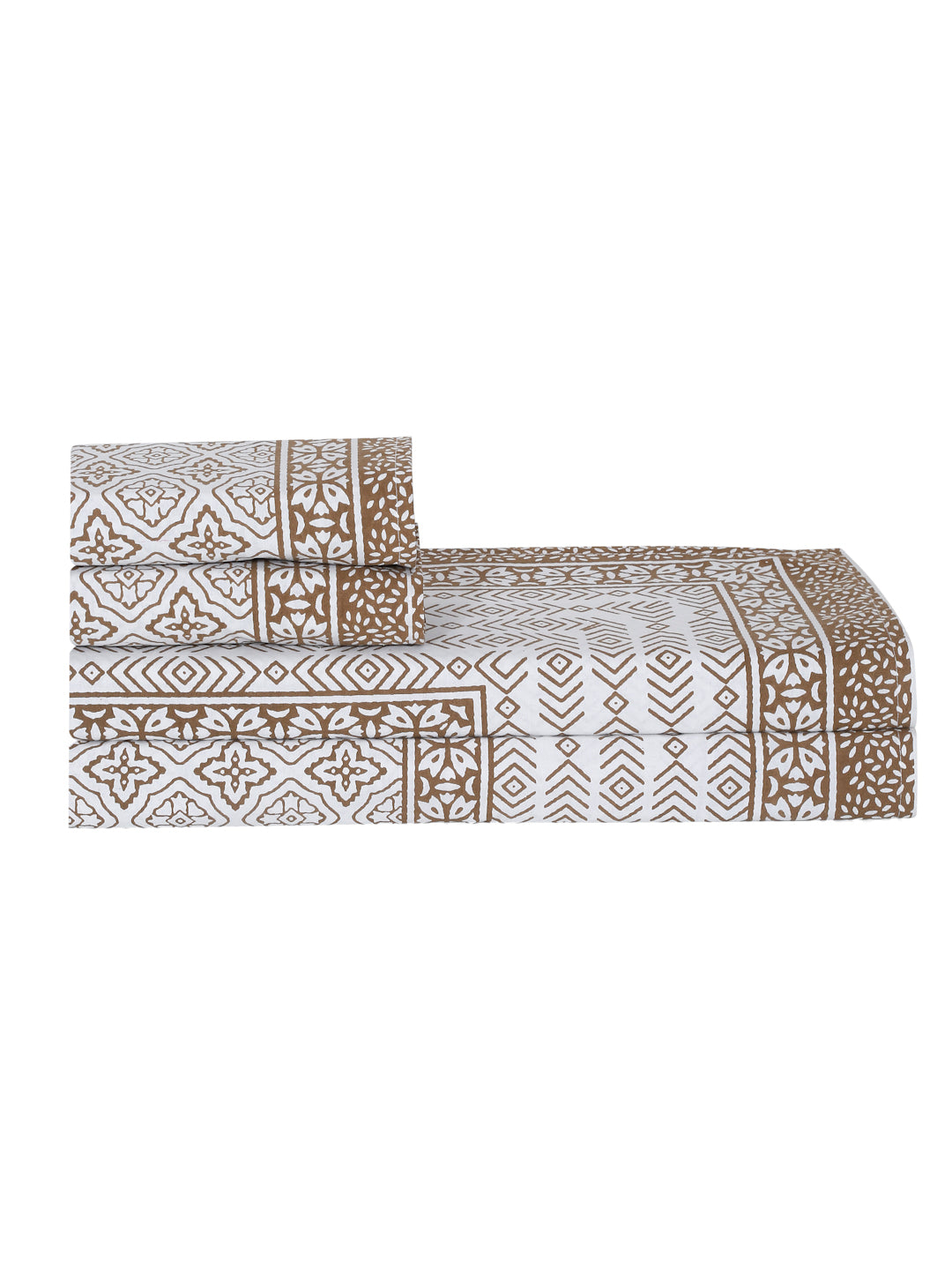 Rajasthan Decor White and Gold Cotton Geomatric Print King Bed sheet with 2 Pillow Covers