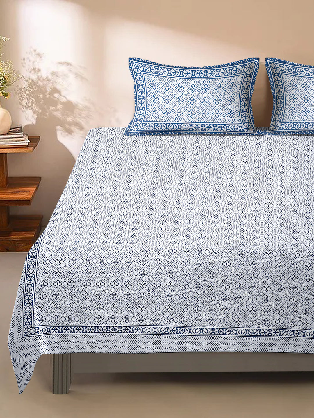 Rajasthan Decor White and Blue Cotton Geomatric Print King Bed sheet with 2 Pillow Covers