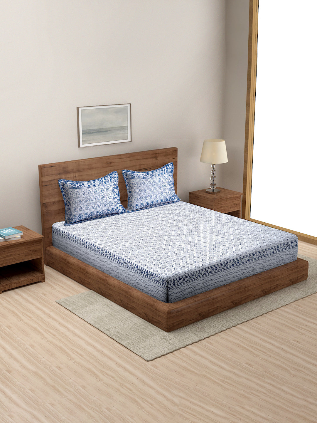 Rajasthan Decor White and Blue Cotton Geomatric Print King Bed sheet with 2 Pillow Covers
