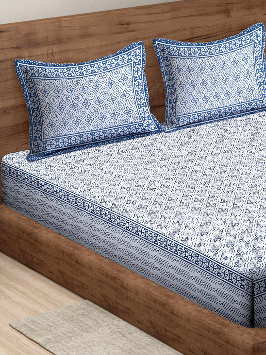 Rajasthan Decor White and Blue Cotton Geomatric Print King Bed sheet with 2 Pillow Covers