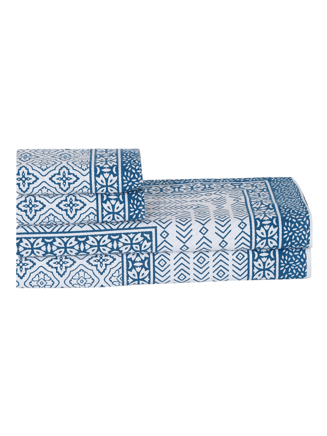 Rajasthan Decor White and Blue Cotton Geomatric Print King Bed sheet with 2 Pillow Covers