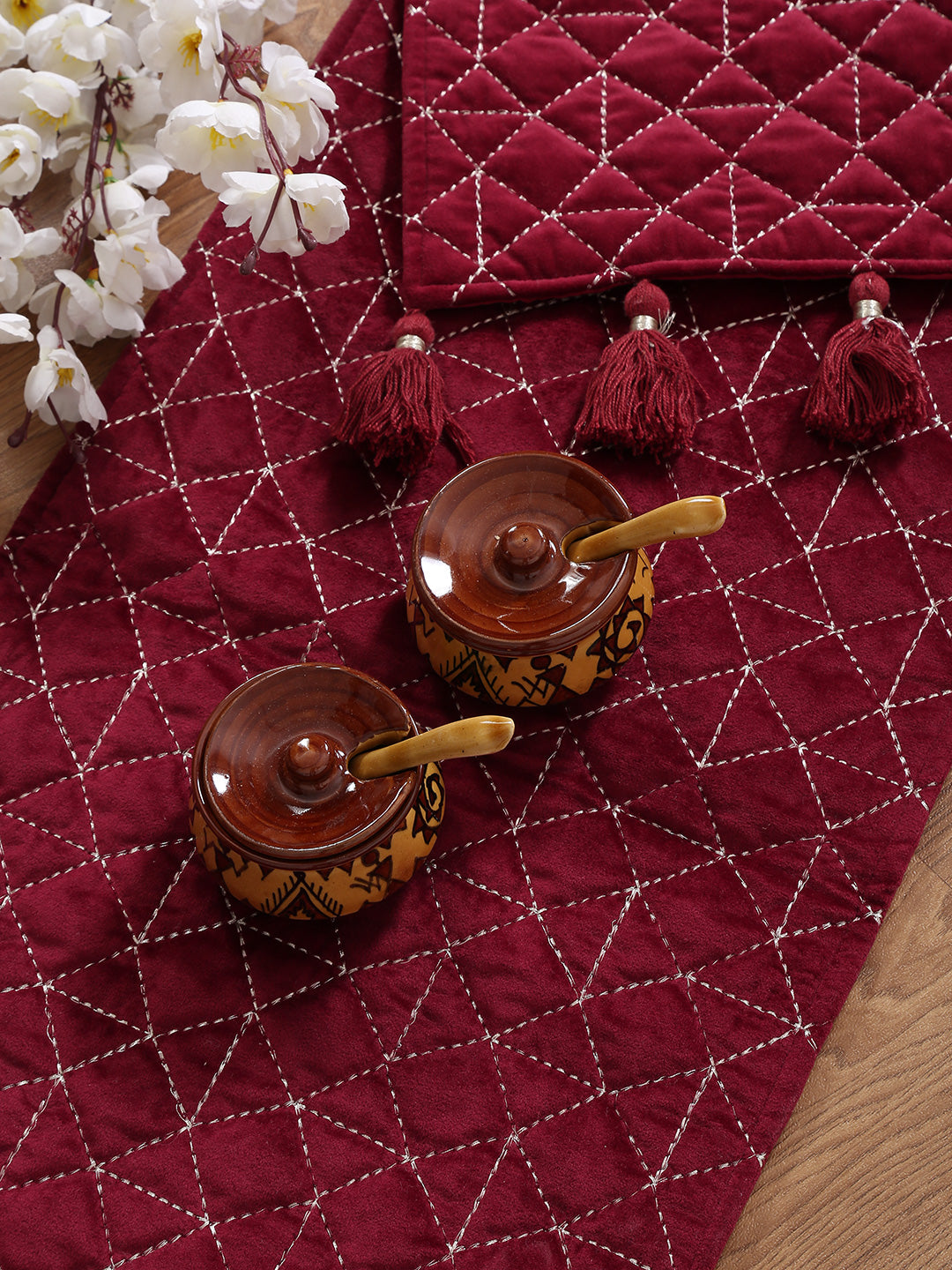 Eyda Maroon Color Quilted Table Runner