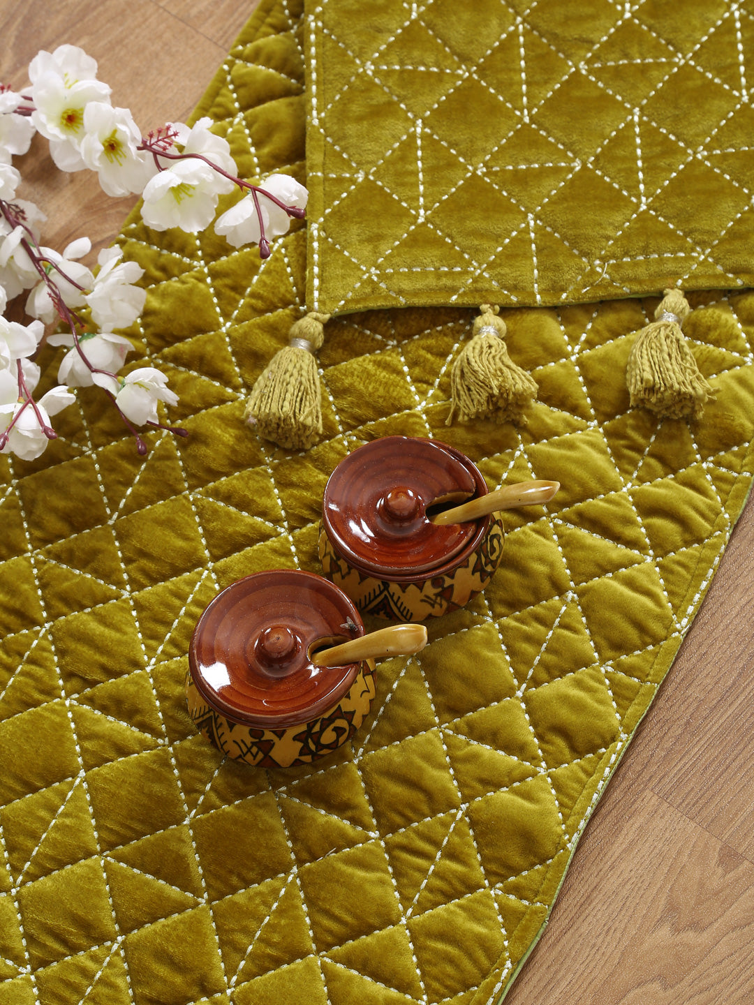 Eyda Olive Green Color Quilted Table Runner