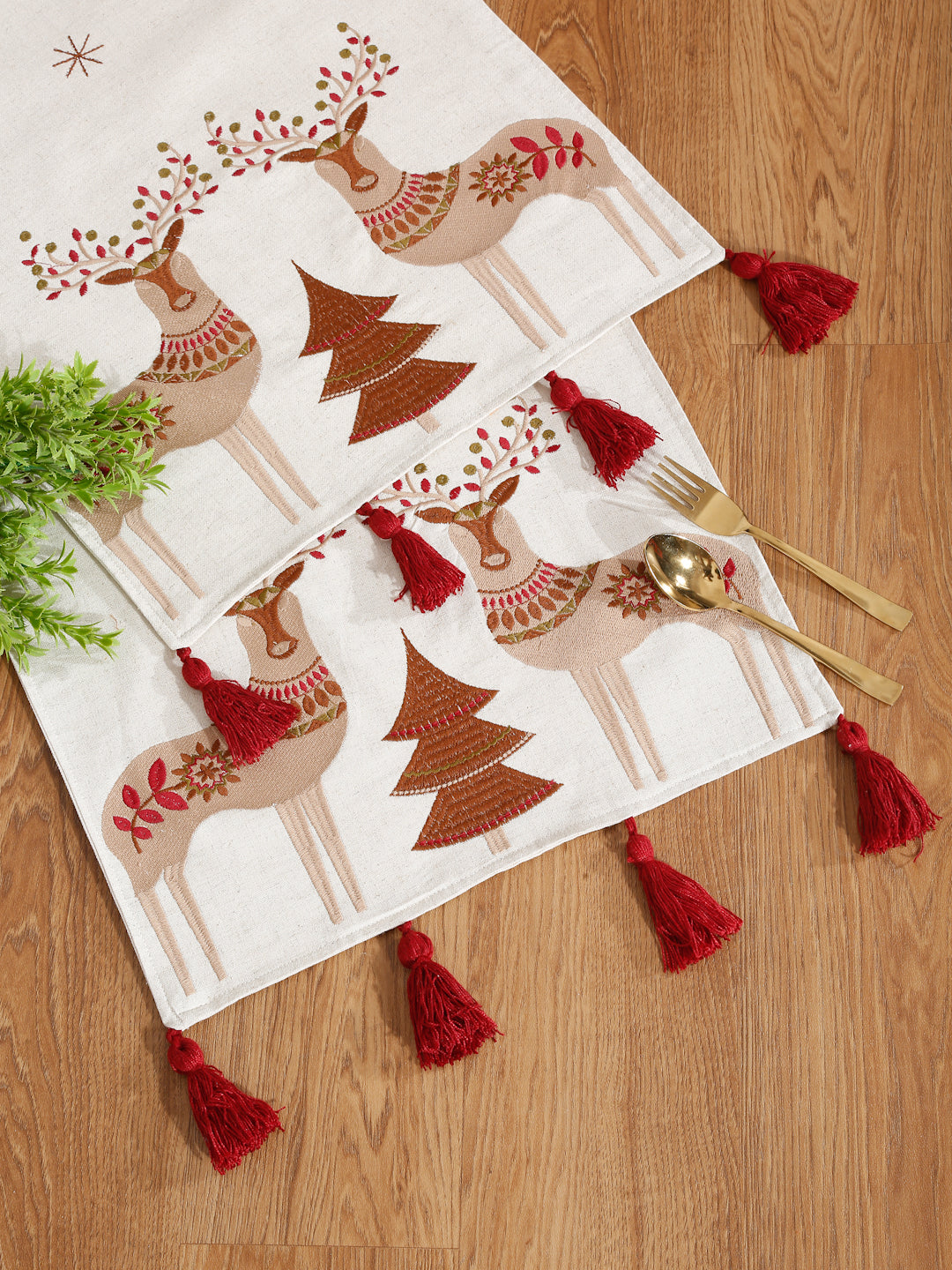 Eyda Beige and Red Cotton Linen Embroidered Table Runner