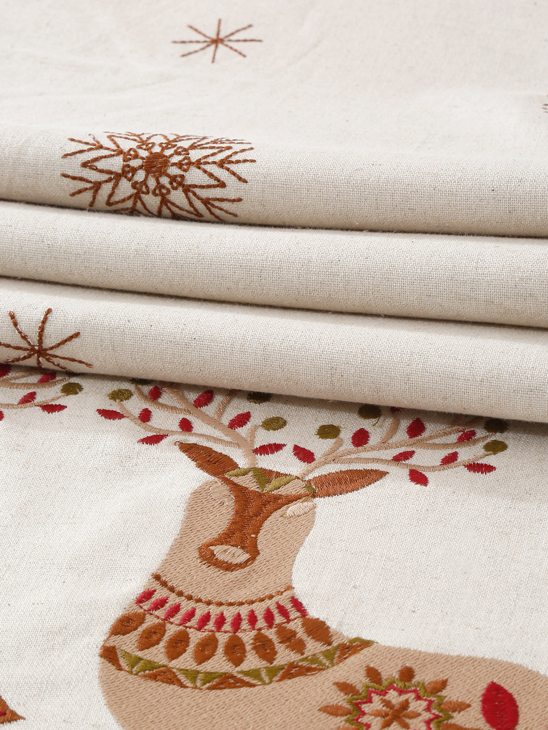 Eyda Beige and Red Cotton Linen Embroidered Table Runner