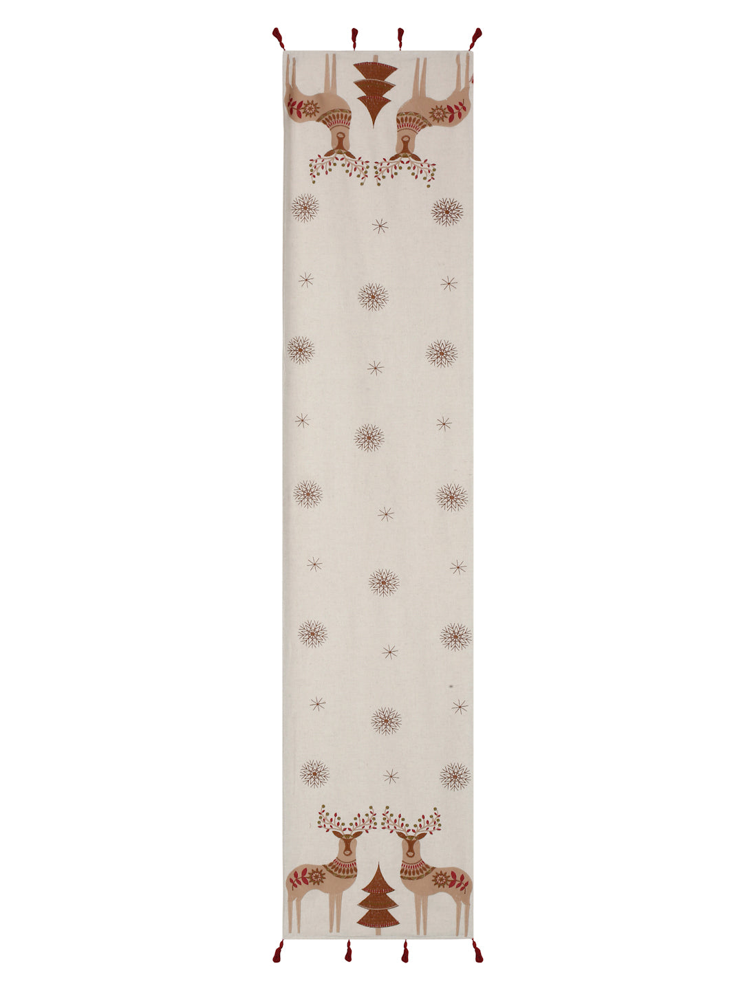Eyda Beige and Red Cotton Linen Embroidered Table Runner