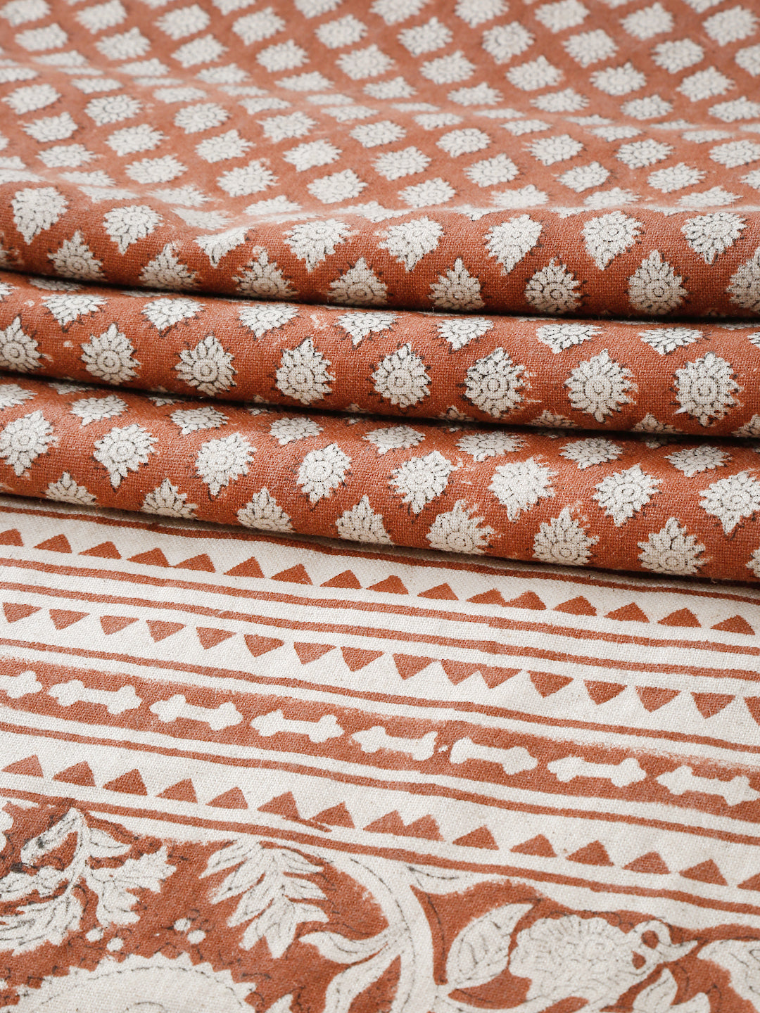 Eyda Rust Colored Hand Block Floral Print Cotton Linen Table Runner