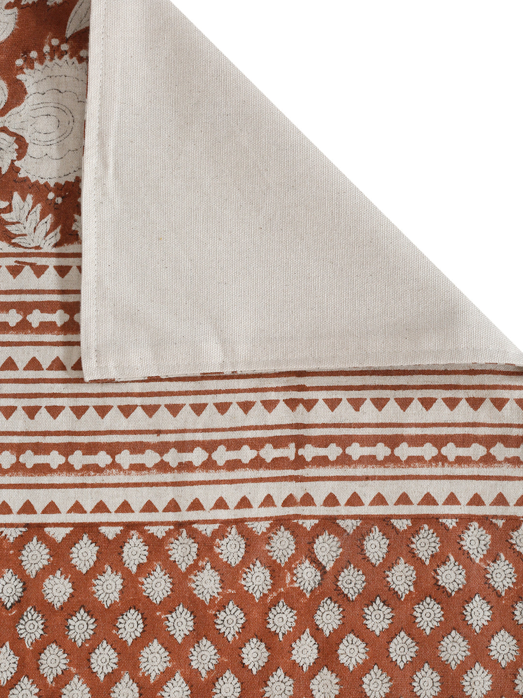 Eyda Rust Colored Hand Block Floral Print Cotton Linen Table Runner
