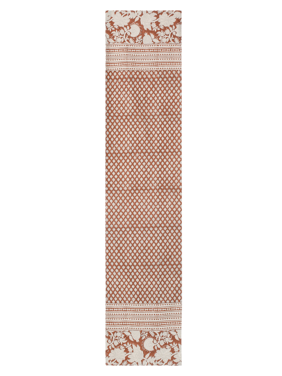 Eyda Rust Colored Hand Block Floral Print Cotton Linen Table Runner