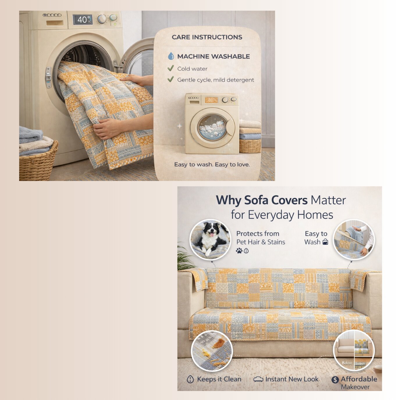 Patchwork Cotton Single Seater Sofa Cover – Yellow & Grey Jaipuri Print