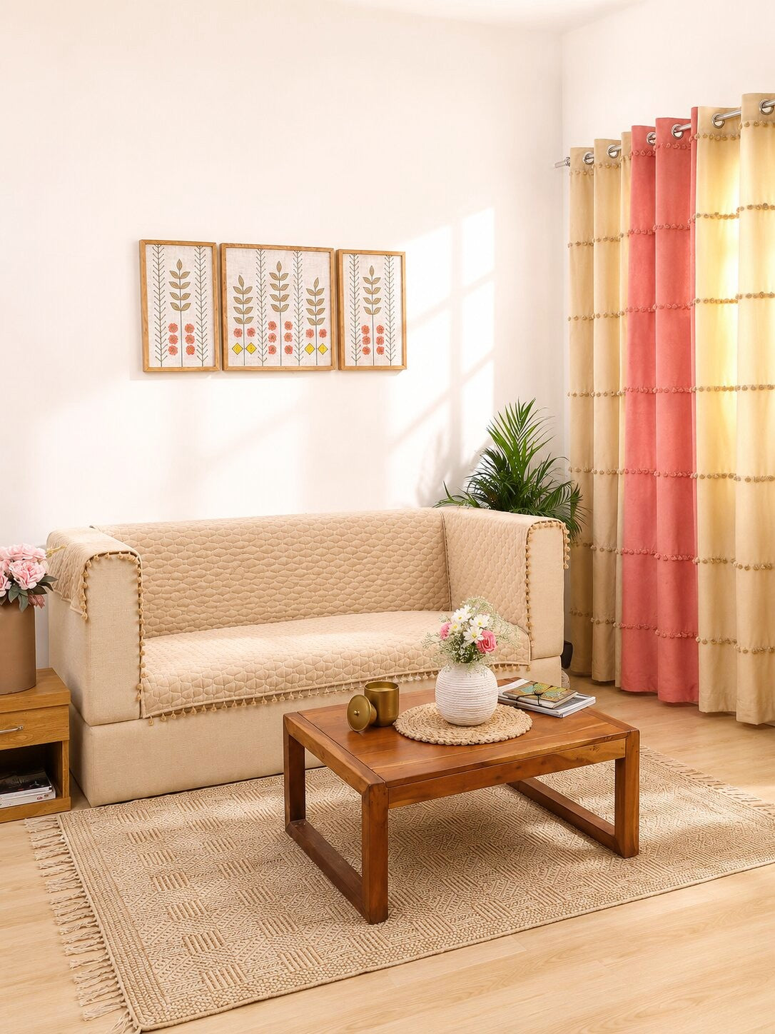 Quilted Sofa Cover | Beige Velvet Sofa Protector with Pom Pom Trim | Living Room Slipcover