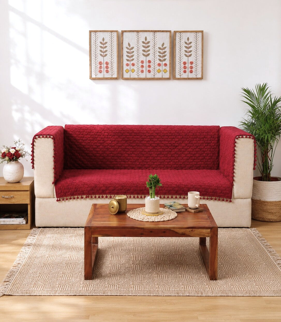 Mehroon Quilted Sofa Cover with Pom-Pom Trim | Protective Couch Cover | Premium Cotton-Feel Sofa Throw