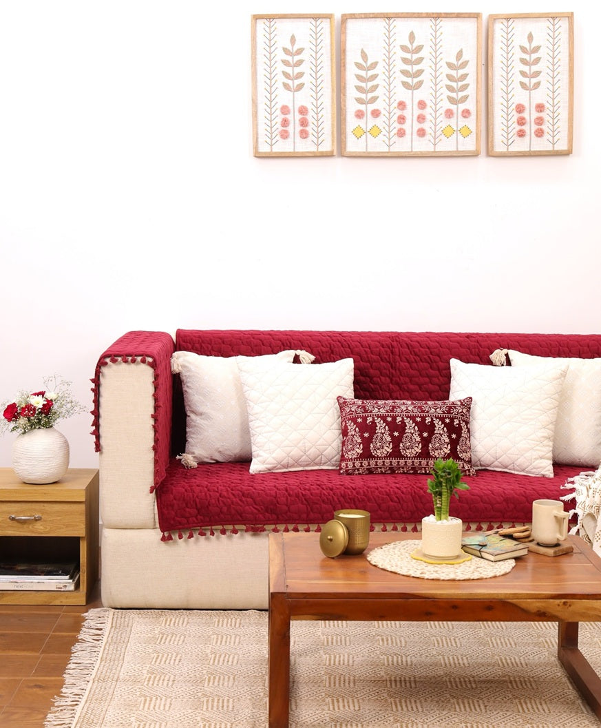 Mehroon Quilted 1S Sofa Cover with Pom-Pom Trim | Protective Couch Cover | Premium Cotton-Feel Sofa Throw