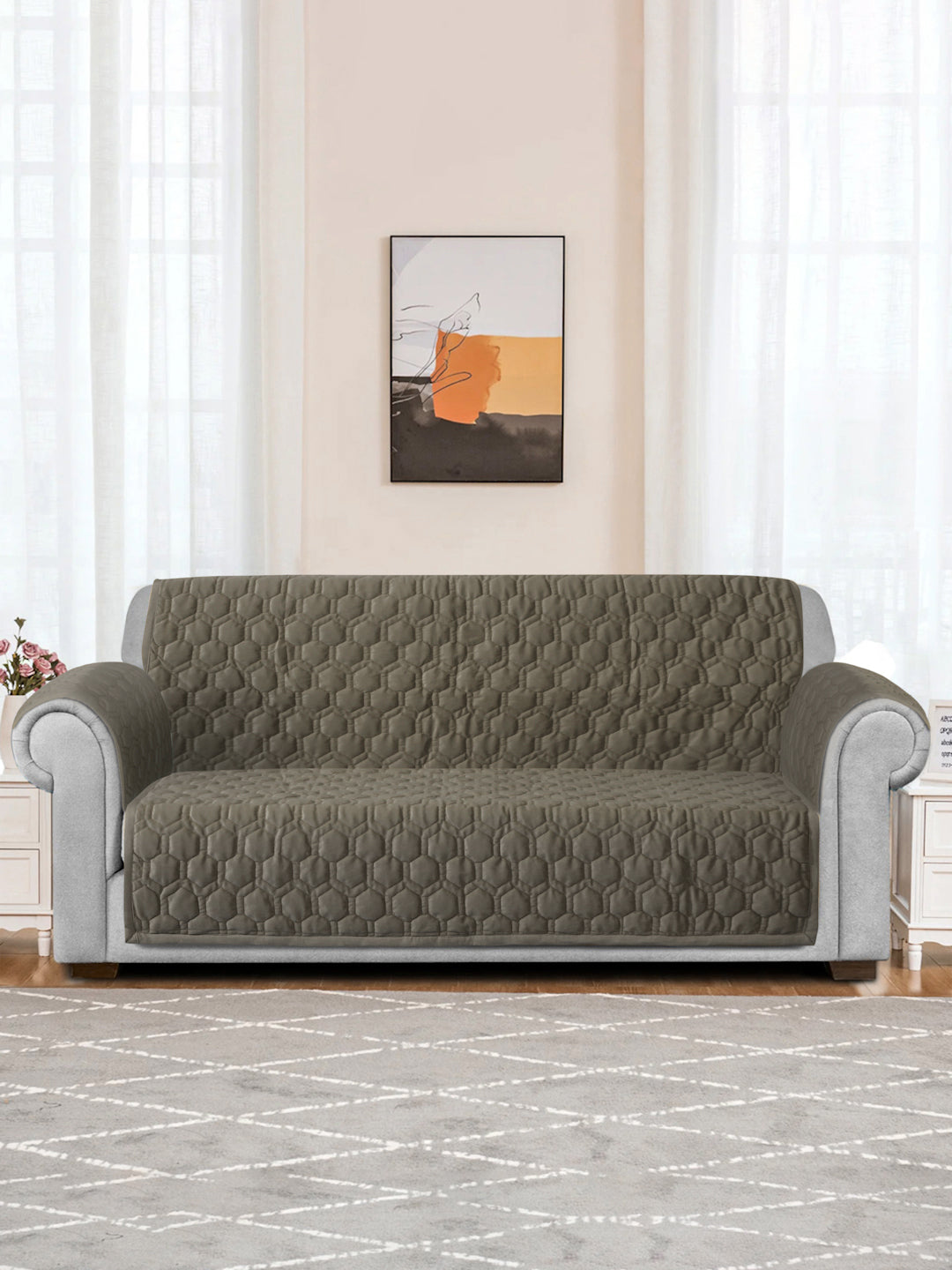 Light Brown Honey Comb Quilted Velvet 3 Seater Sofa Cover with 2 pcs Hand Rest
