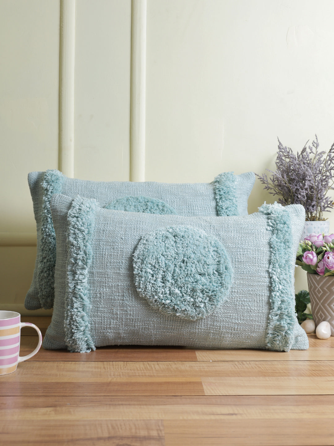 Eyda Set of 2 Cotton Turquoise Cushion Cover 12x20 inch