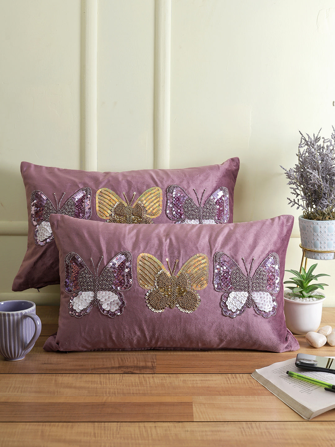 Eyda Set of 2 Velvet Purple Emroidered Cushion Cover 12x20 inch