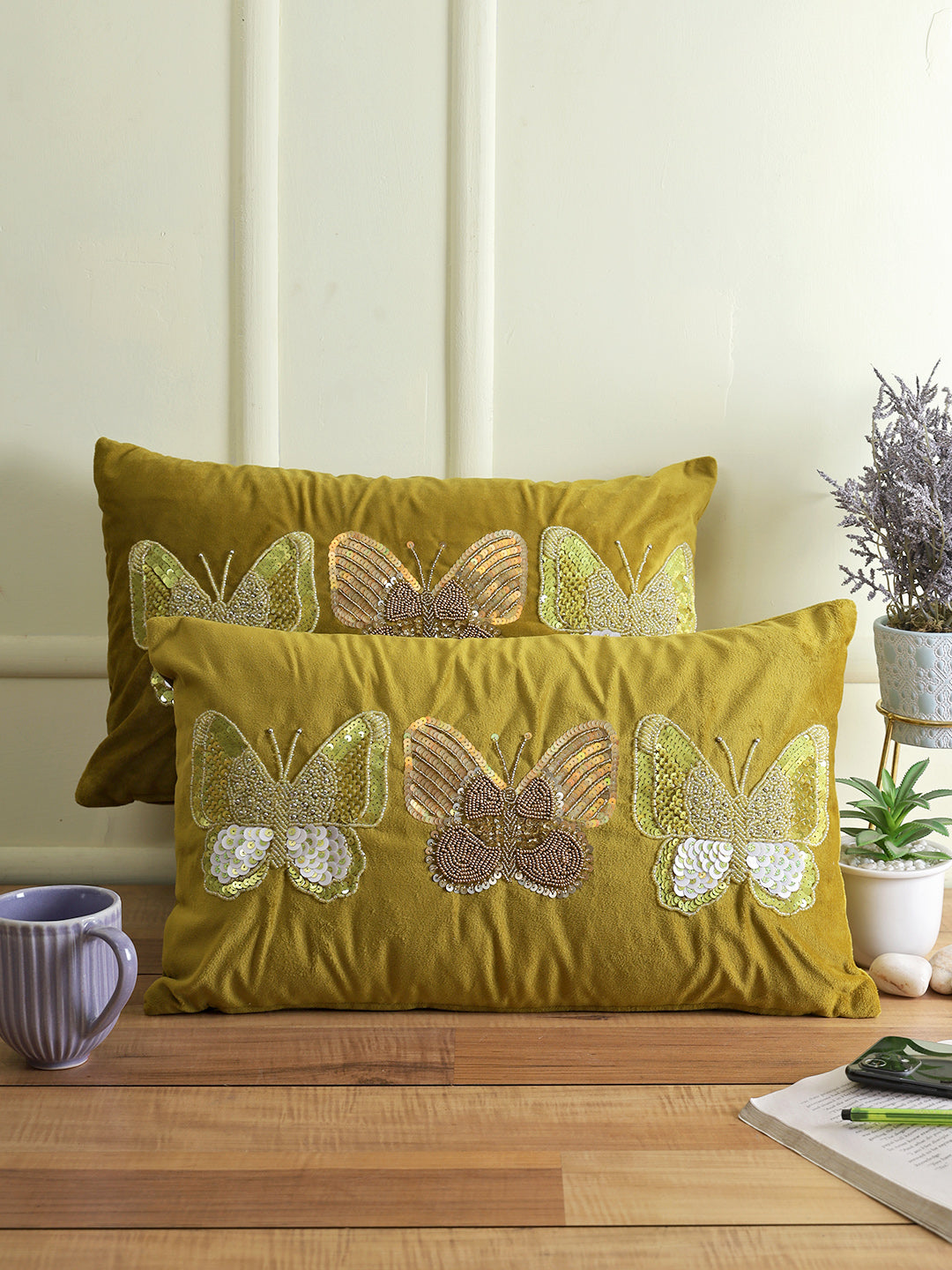 Eyda Set of 2 Velvet Olive Green Emroidered Cushion Cover 12x20 inch