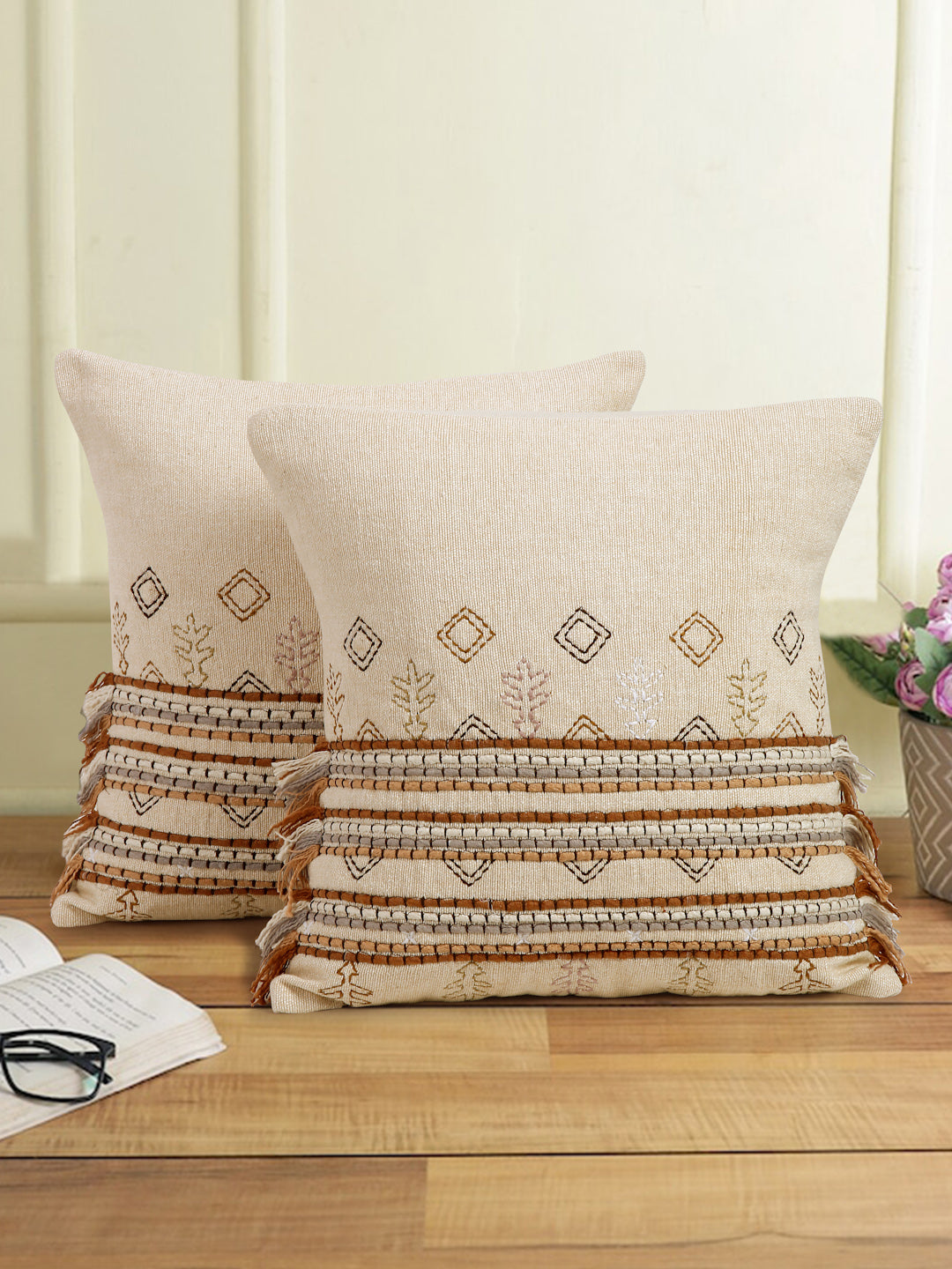 Eyda Set of 2 Cotton Embroidered Cushion Cover 18x18 inch