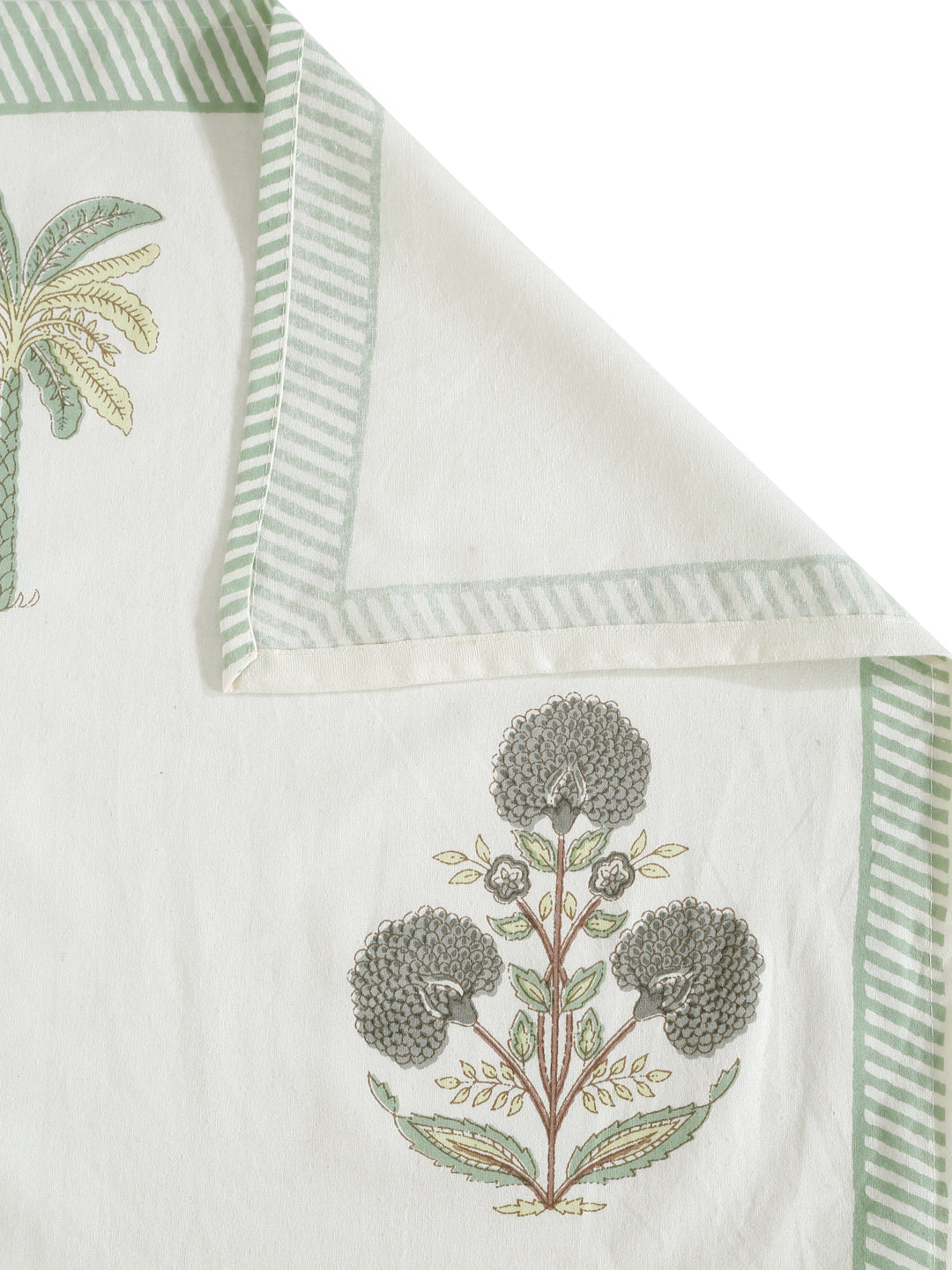 Rajasthan Decor White and Green Cotton Flower Print King Bed sheet with 2 Pillow Covers
