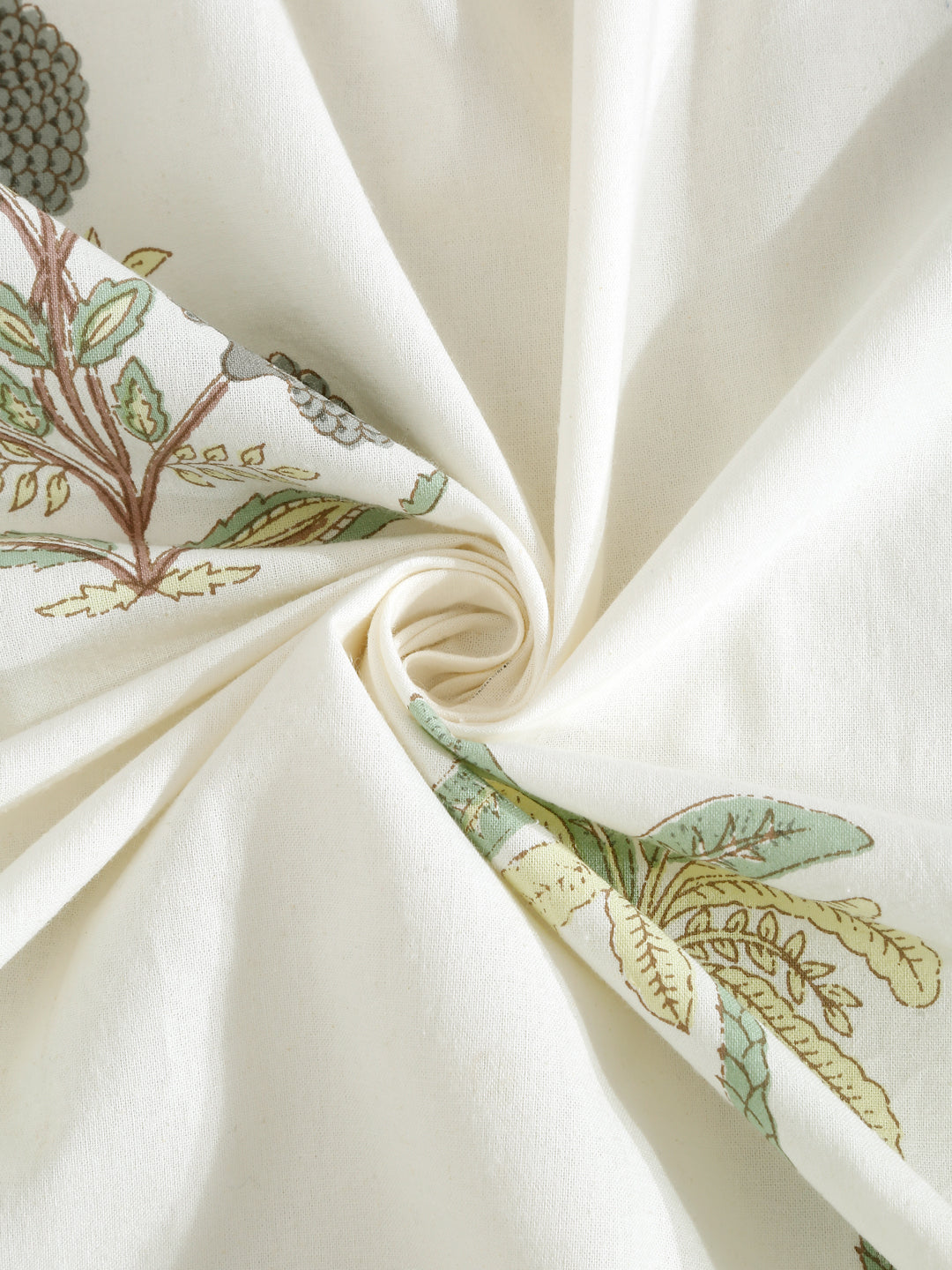 Rajasthan Decor White and Green Cotton Flower Print King Bed sheet with 2 Pillow Covers