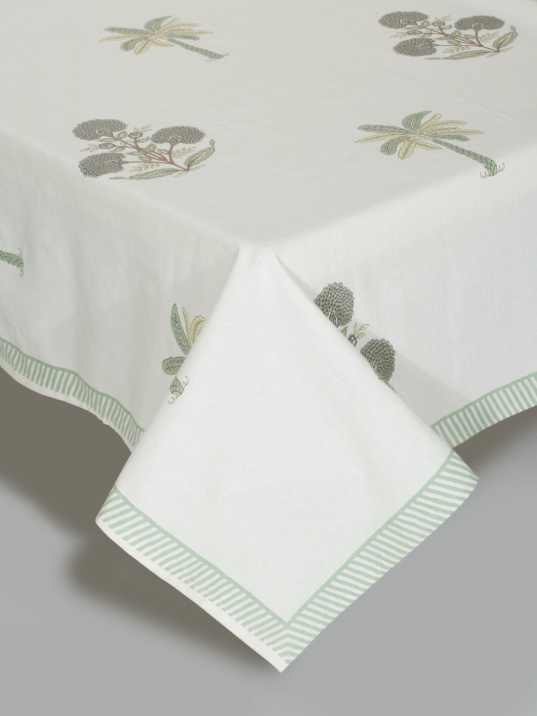 Rajasthan Decor White and Green Cotton Flower Print King Bed sheet with 2 Pillow Covers
