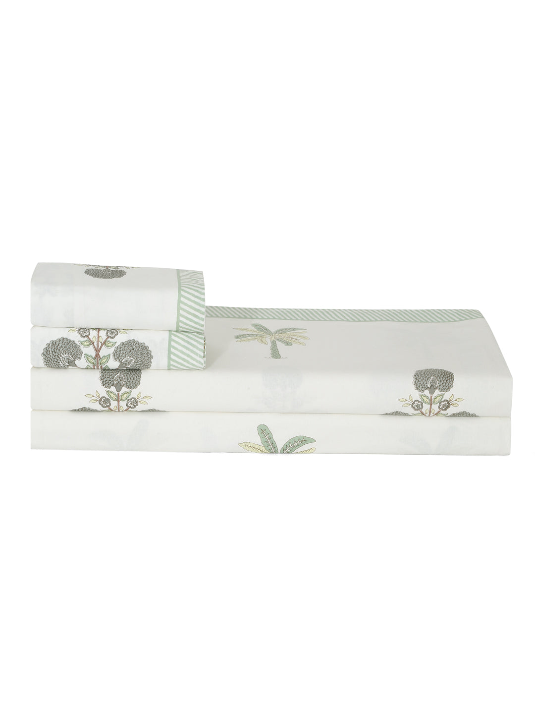 Rajasthan Decor White and Green Cotton Flower Print King Bed sheet with 2 Pillow Covers