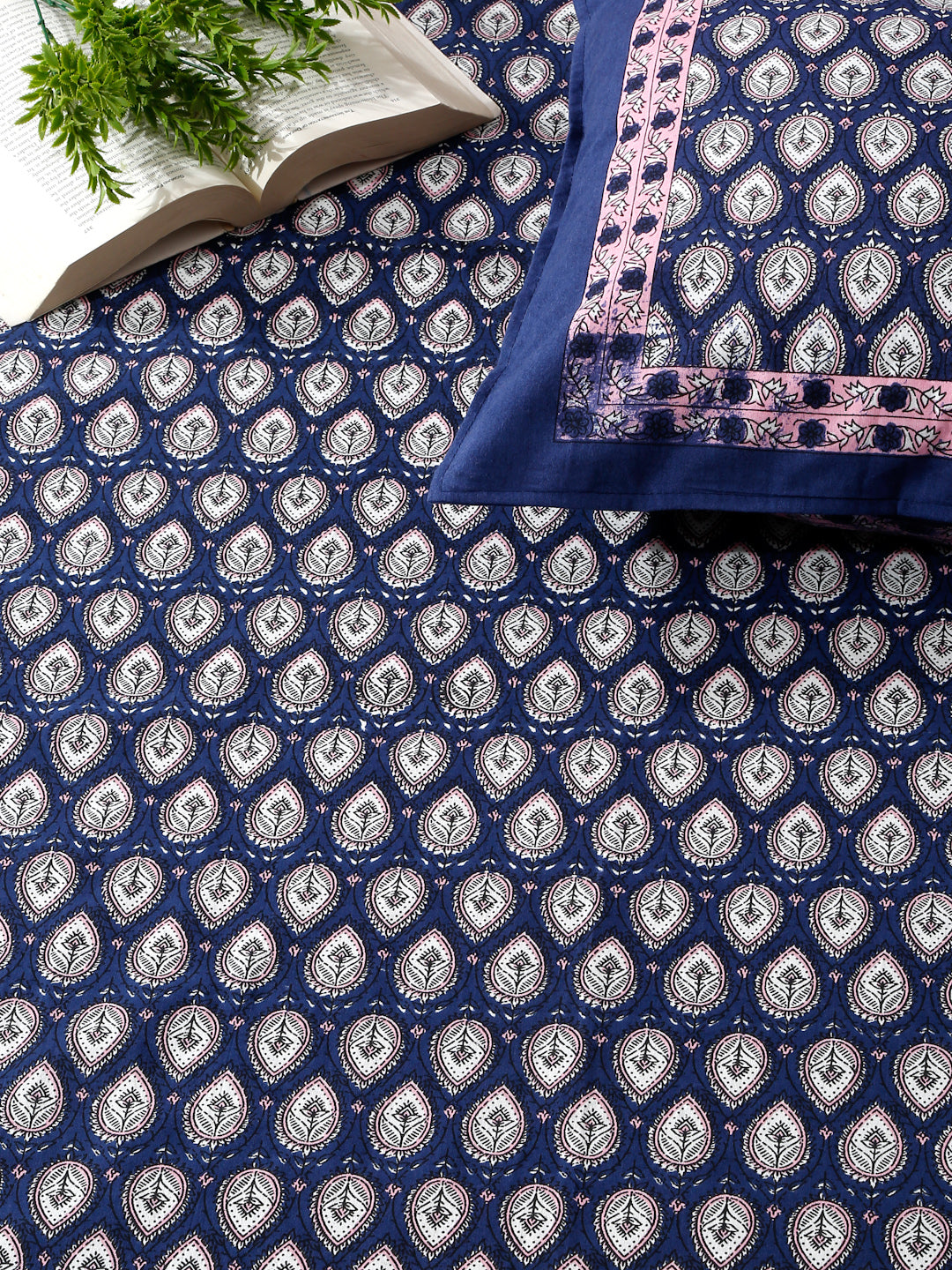 Rajasthan Decor Blue And pink Cotton Buti Print King Bed sheet with 2 Pillow Covers