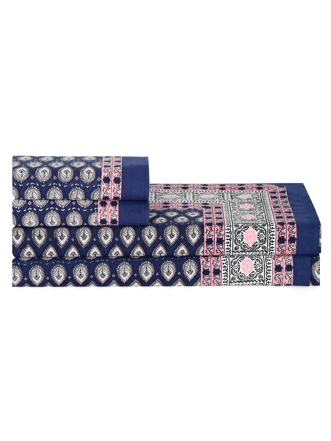 Rajasthan Decor Blue And pink Cotton Buti Print King Bed sheet with 2 Pillow Covers