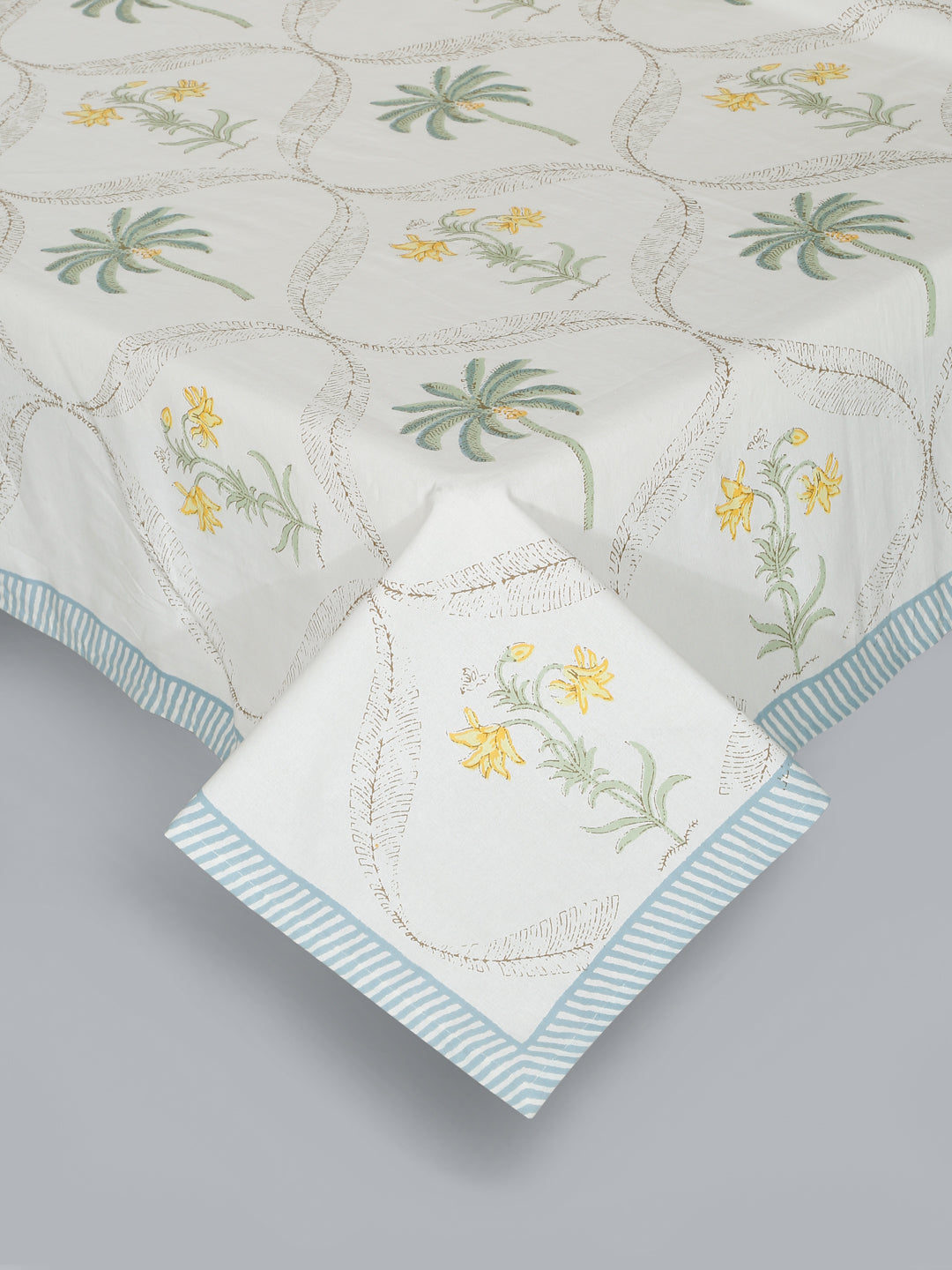 Rajasthan Decor White and Green Cotton Flower Print King Bed sheet with 2 Pillow Covers