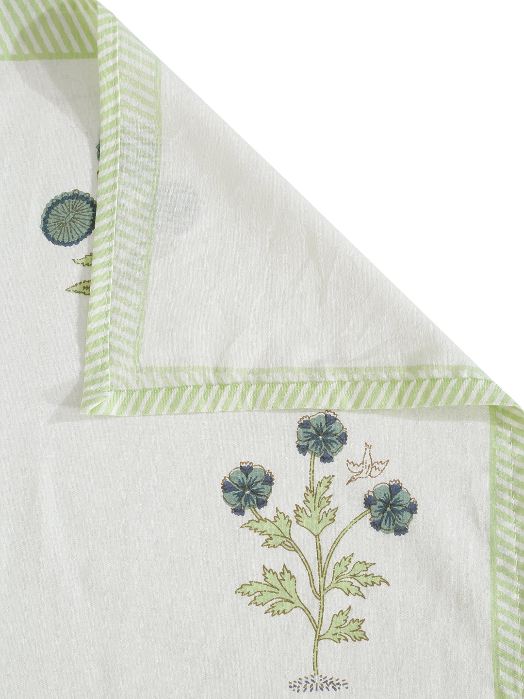 Rajasthan Decor Green and White Cotton Flower Print King Bed sheet with 2 Pillow Covers
