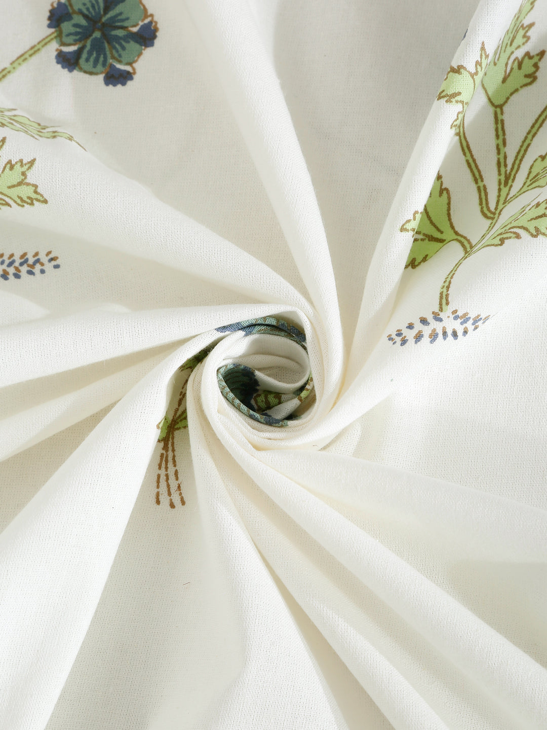 Rajasthan Decor Green and White Cotton Flower Print King Bed sheet with 2 Pillow Covers