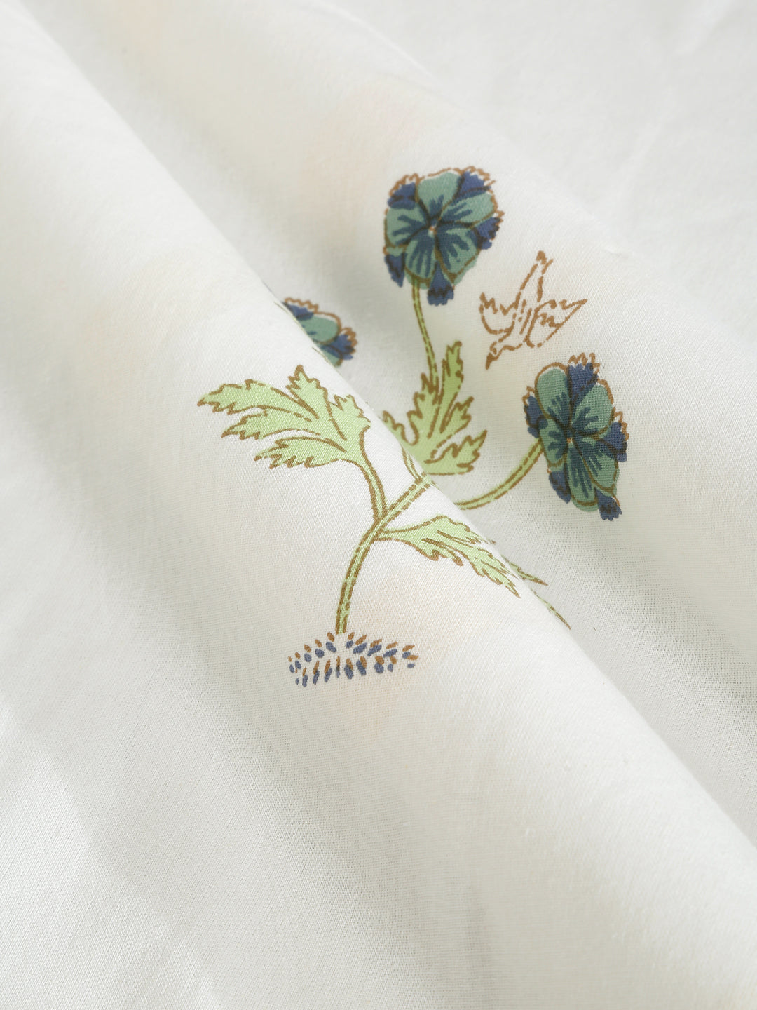 Rajasthan Decor Green and White Cotton Flower Print King Bed sheet with 2 Pillow Covers