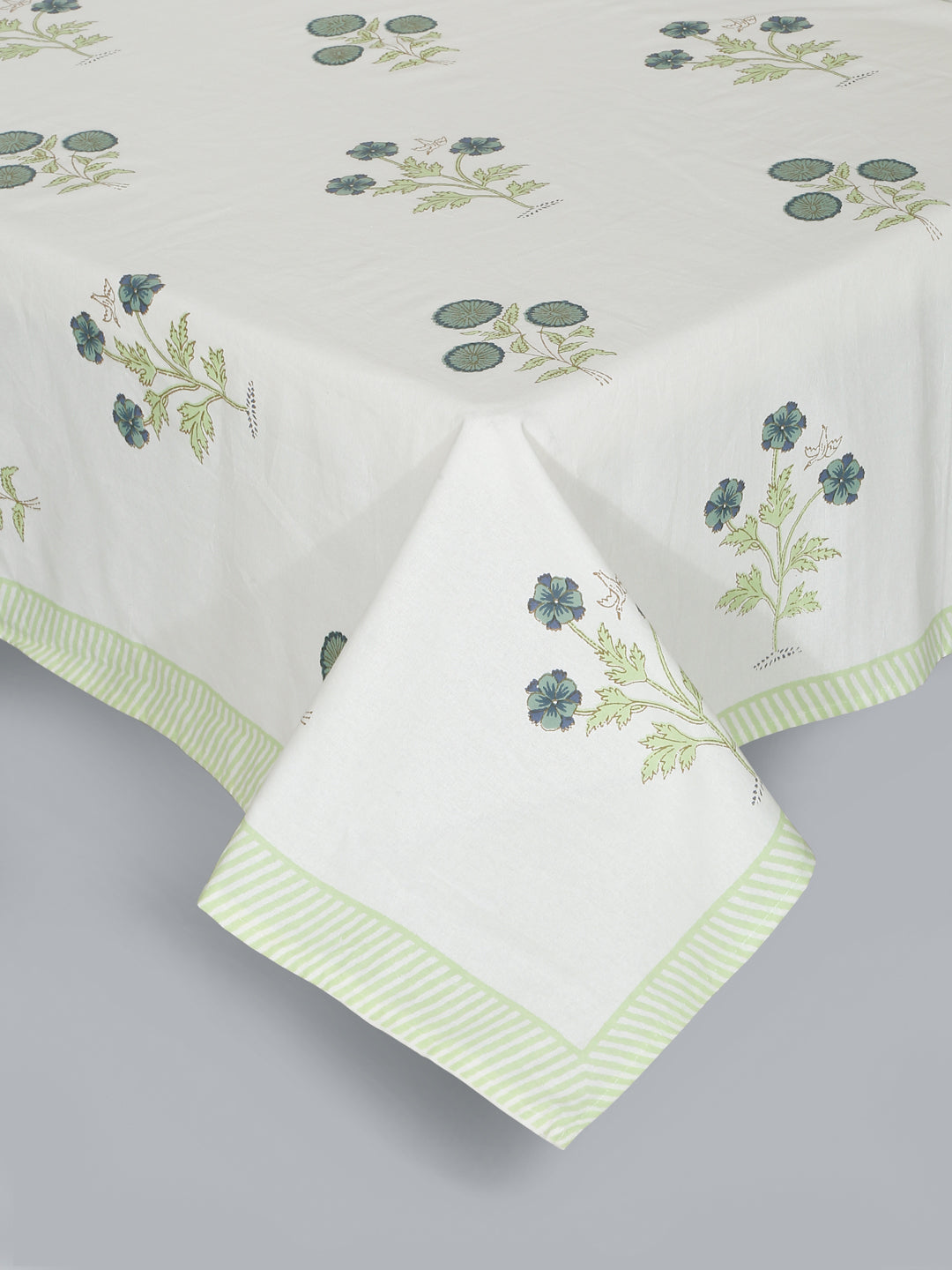 Rajasthan Decor Green and White Cotton Flower Print King Bed sheet with 2 Pillow Covers