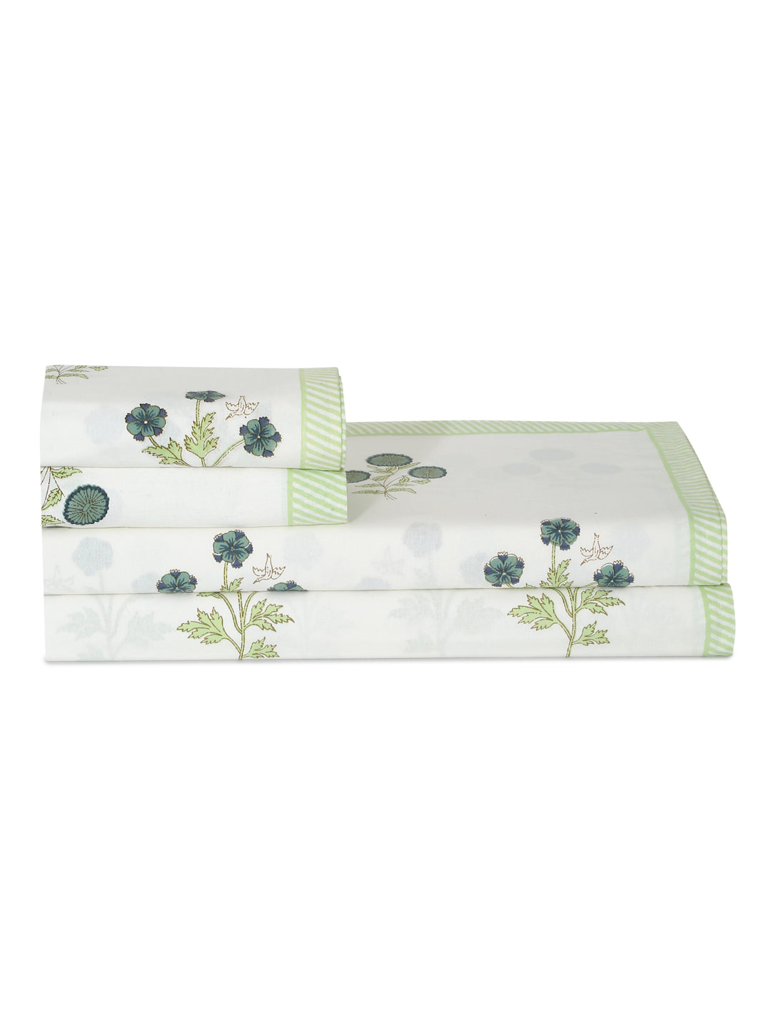 Rajasthan Decor Green and White Cotton Flower Print King Bed sheet with 2 Pillow Covers